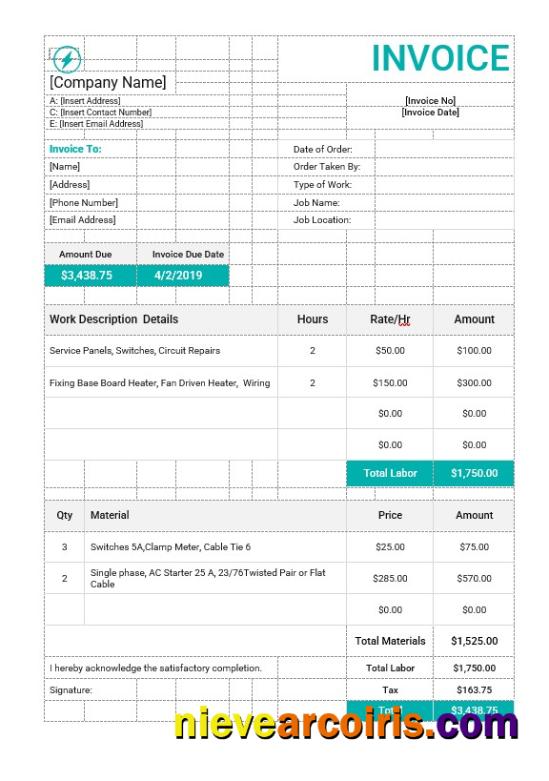 Electrical Work Order Invoice